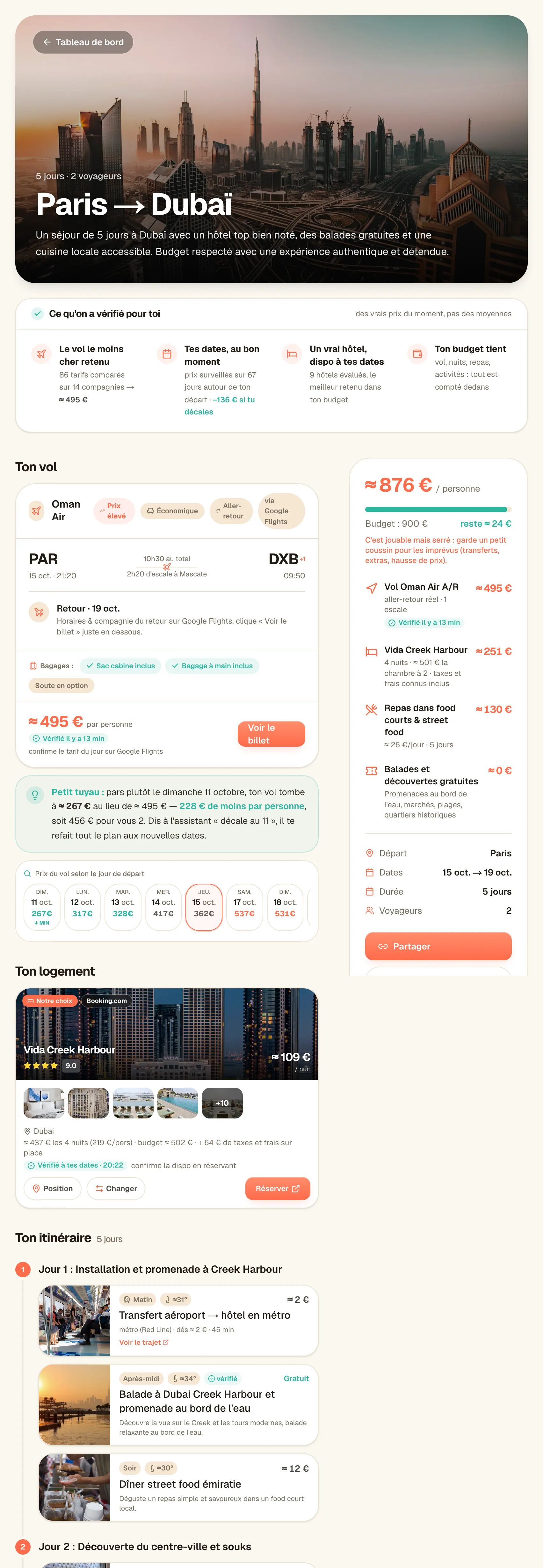 Le plan Voyz d'un vrai voyage, Paris → Dubaï à deux pendant 5 jours : vérifications, budget, vol, hôtel et programme jour par jour.