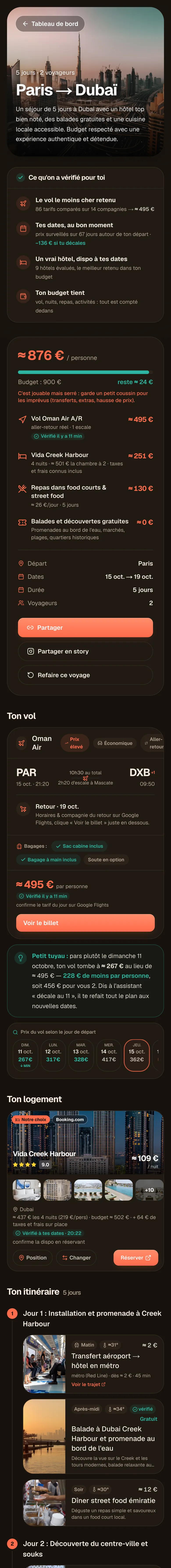 Le plan Voyz d'un vrai voyage, Paris → Dubaï à deux pendant 5 jours : vérifications, budget, vol, hôtel et programme jour par jour.