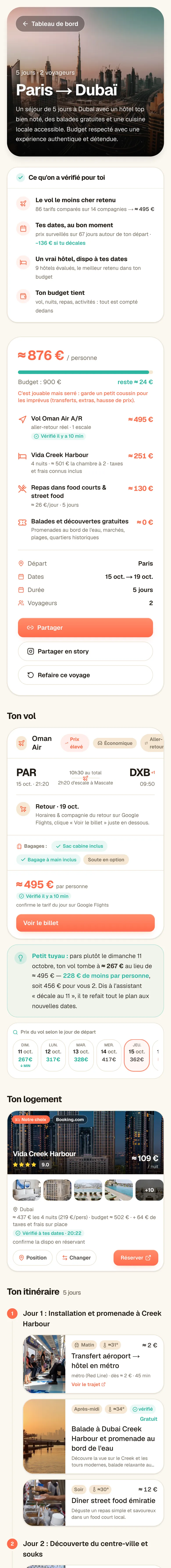 Le plan Voyz d'un vrai voyage, Paris → Dubaï à deux pendant 5 jours : vérifications, budget, vol, hôtel et programme jour par jour.